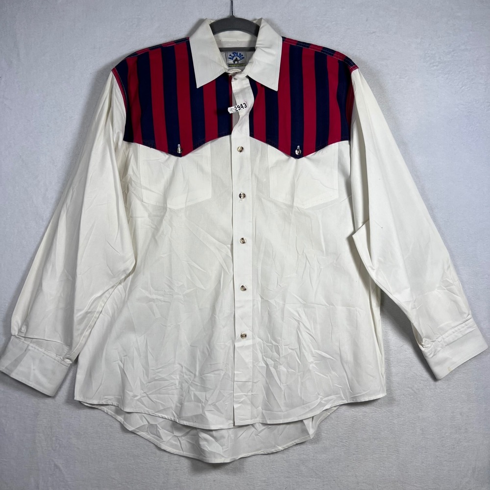 Alpana Wild Horse Mens Western Shirt White Red Blue Striped Yoke Cotton Large